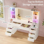 Big Vanity Desk, Fluted Makeup Vanity with Mirror Lights, Dressing Table | Large, Charging Station, Sound Sync Chasing LED Lights, Wood Vanities, Luxury Glass Cabinets, 8 Drawers, Girls, Women