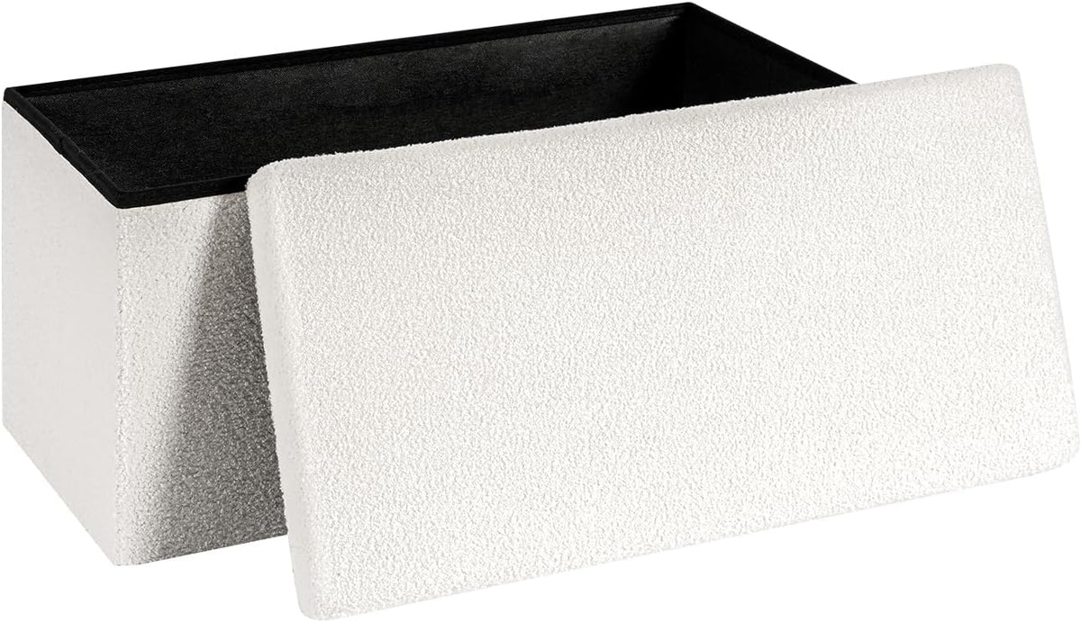 30 Inch Storage Ottoman Bench, Boucle Folding Ottoman Footstool, Rectangular Sherpa Footrest Storage Bench for Bedroom, Living Room, Entryway, Dorm, White