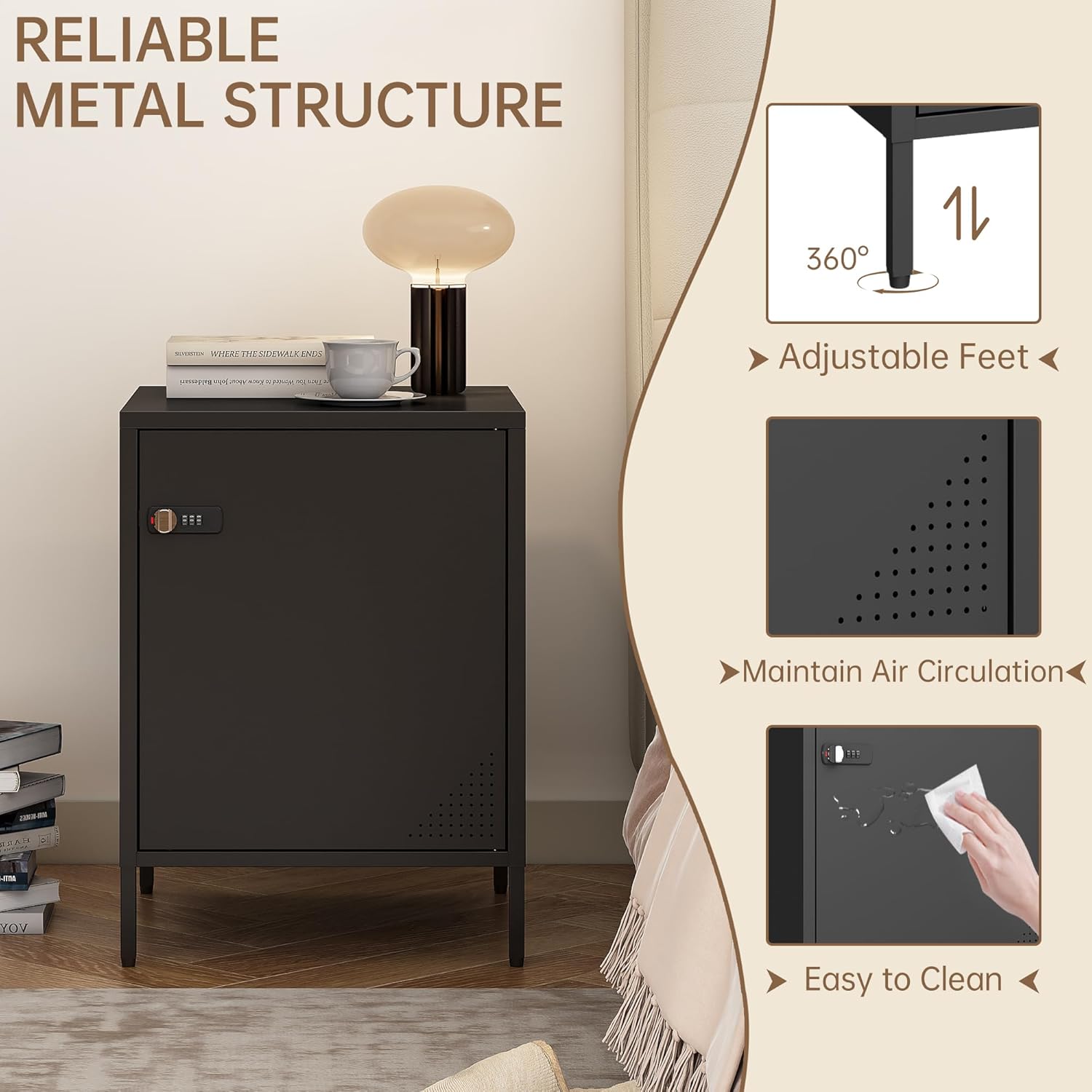 Steehoom Metal Lockable Nightstand, Single Door Locker Metal End Table Small Bedside Storage Cabinet for Living Room, Bedroom, Dorm, 21.26”H X 15.75”W X 15.75”D (1 Door, Black)