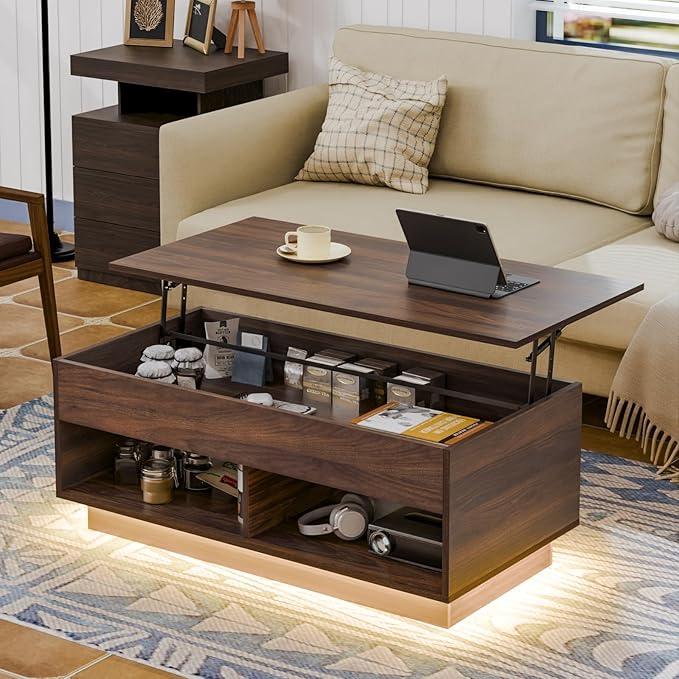 HOMMPA Lift Top Coffee Table with Storage for Living Room,Mid Century Modern LED Coffee Table, 3 Tiers Farmhouse Wood Center Tea Table with 2 Open Shelves，Walnut