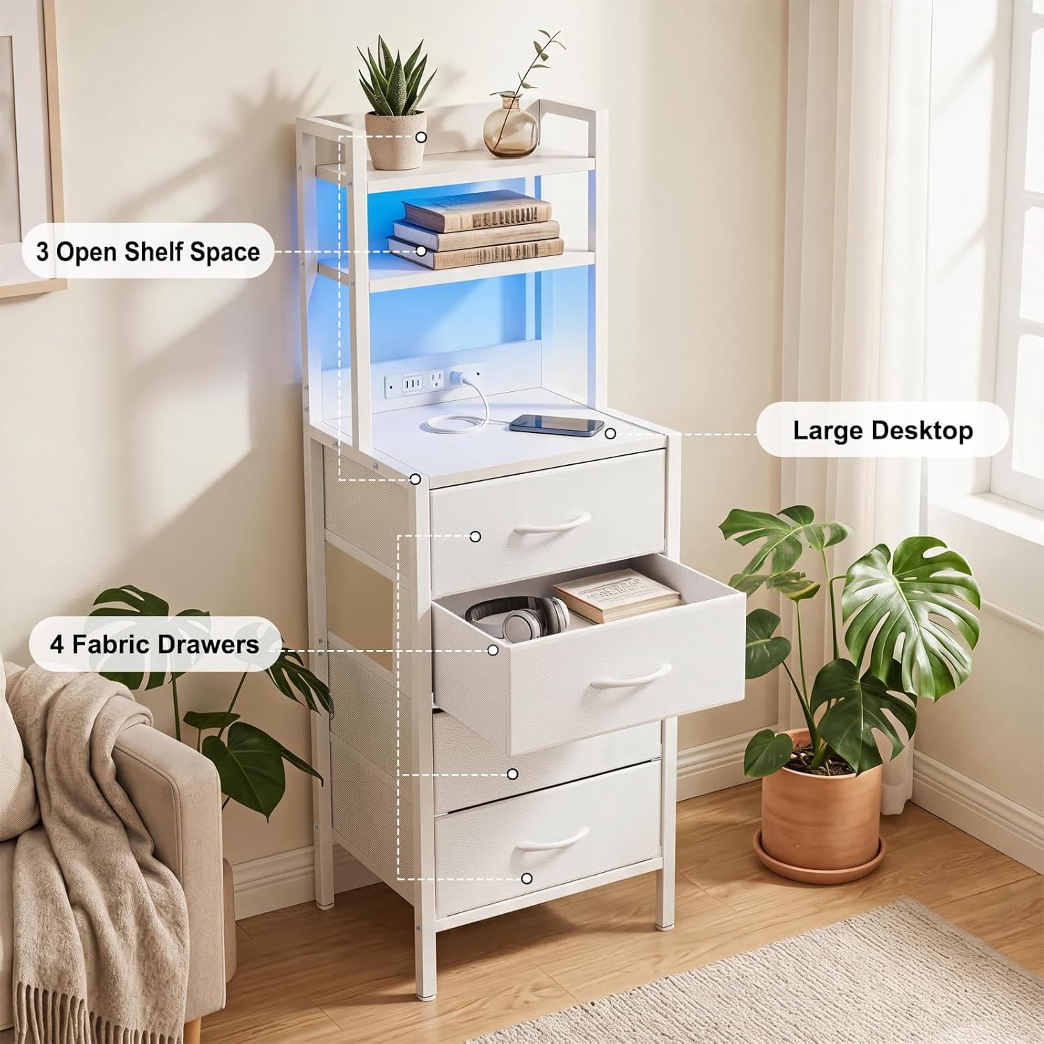 Fixwal 47 Inch Tall Nightstand with Charging Station, Led Night Stand with Socket, 4 PU Finished Fabric Storage Drawers, Office, Bedside Table & Bookshelf in One, White