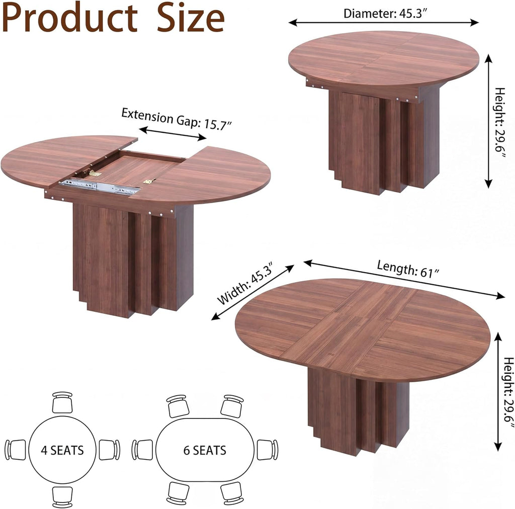Extendable Round Dining Table, 45.3"-61" Space Saving Oval Kitchen Table with Self-Storing Butterfly Leaf, Modern Farmhouse Walnut Dining Room Table with Fluted Pedestal Base for 4-6 People