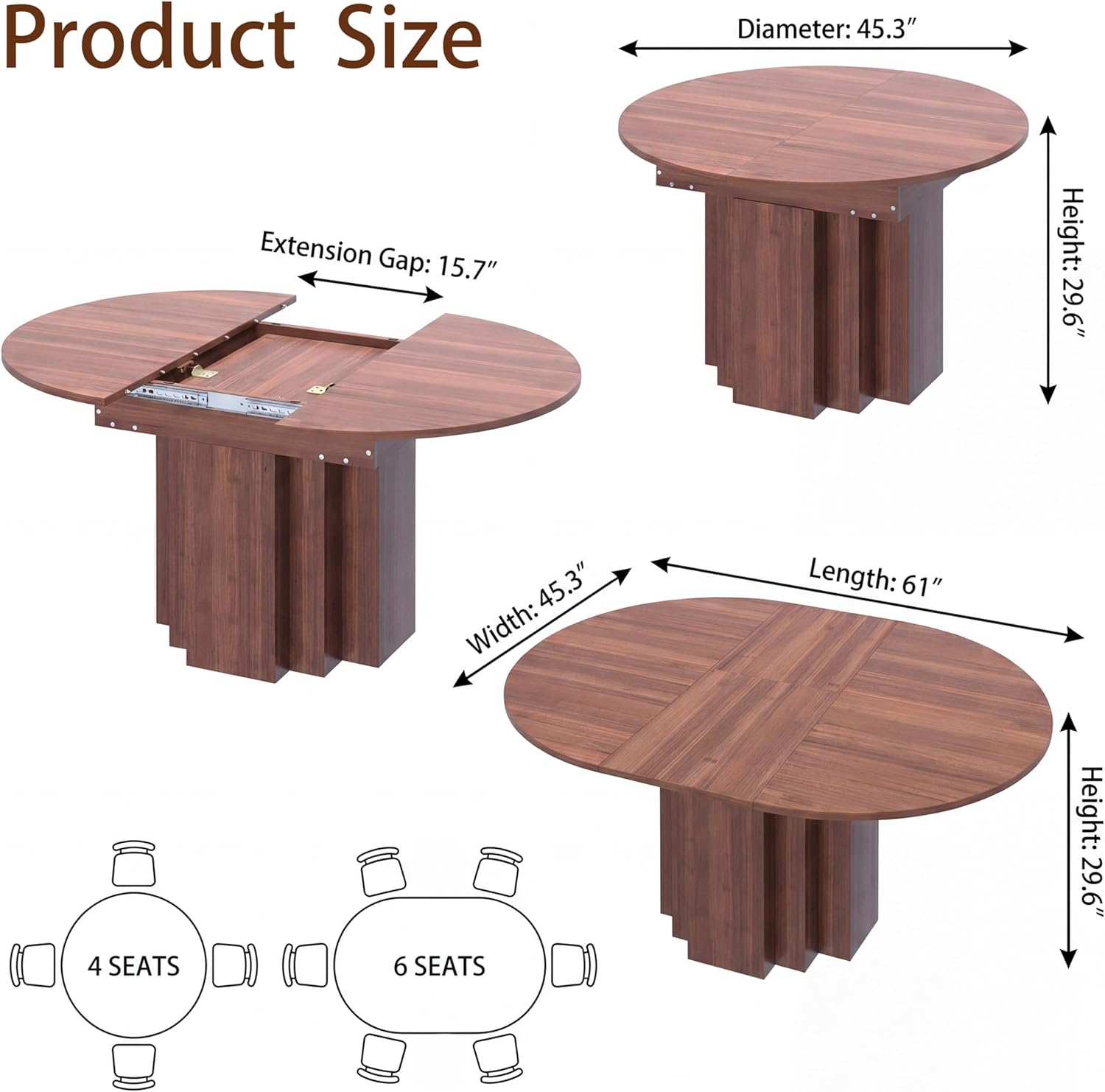 Extendable Round Dining Table, 45.3"-61" Space Saving Oval Kitchen Table with Self-Storing Butterfly Leaf, Modern Farmhouse Walnut Dining Room Table with Fluted Pedestal Base for 4-6 People