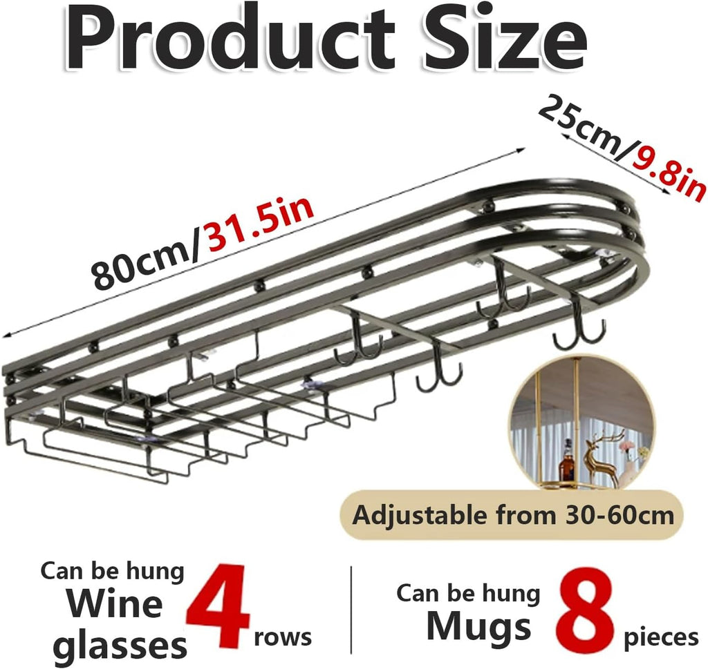 Adjustable Hanging Wine Rack, Metal Ceiling Shelf Cafe Cups, Retro Rustic for Kitchen Bar Restaurant Cellar