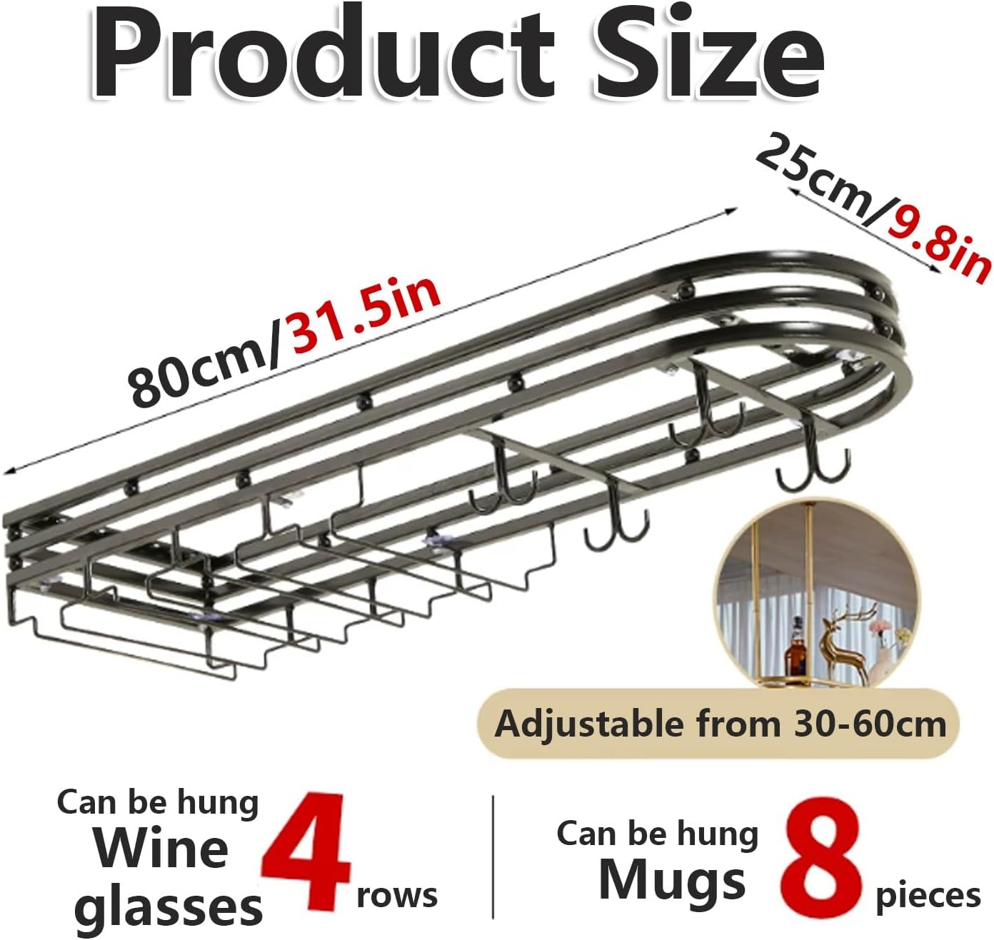 Adjustable Hanging Wine Rack, Metal Ceiling Shelf Cafe Cups, Retro Rustic for Kitchen Bar Restaurant Cellar