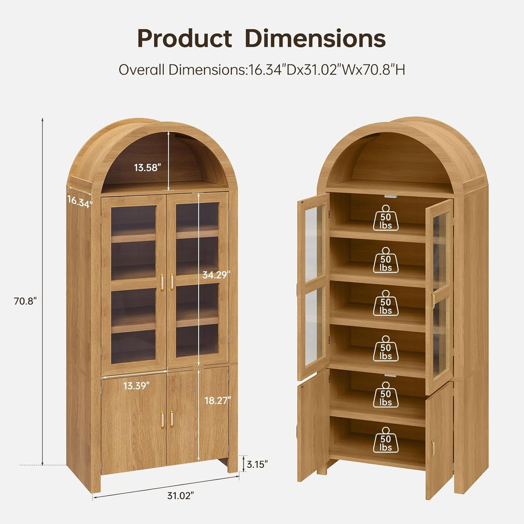 71" Tall Arched Kitchen Pantry, Modern Farmhouse Kitchens Storage Cabinets, Versatile Cupboard for Kitchen, Dining Room, Wood, 1 Pc