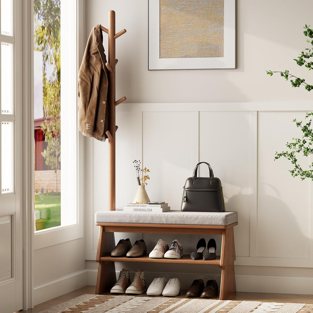 Coat Rack with Shoe Storage,Shoe Rack whit 8 Hook for Offices、Bedroom、Living Room,Small Shoe Bench,Walnut