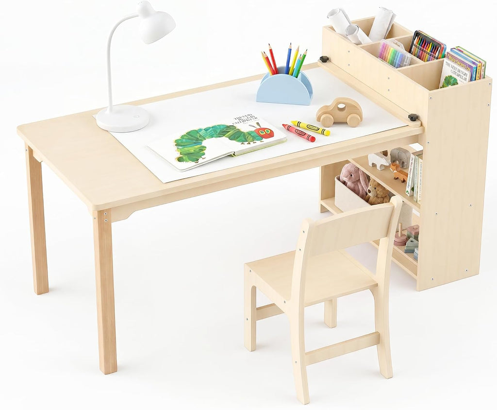 Kids Table and Chair Set, Wooden Toddler Activity Table with Storage Cabinet, Birch Art Desk for Drawing, Crafts, Reading and Games, 1 Chair Included