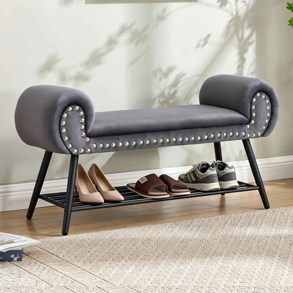 45" Velvet Entryway Bench with Shoe Storage Shelf, Grey | Upholstered bench with rolled arms, nailhead trim, padded seat and metal shelf for shoes, 1 seater, for hallway or bedroom