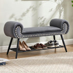 45" Velvet Entryway Bench with Shoe Storage Shelf, Grey | Upholstered bench with rolled arms, nailhead trim, padded seat and metal shelf for shoes, 1 seater, for hallway or bedroom