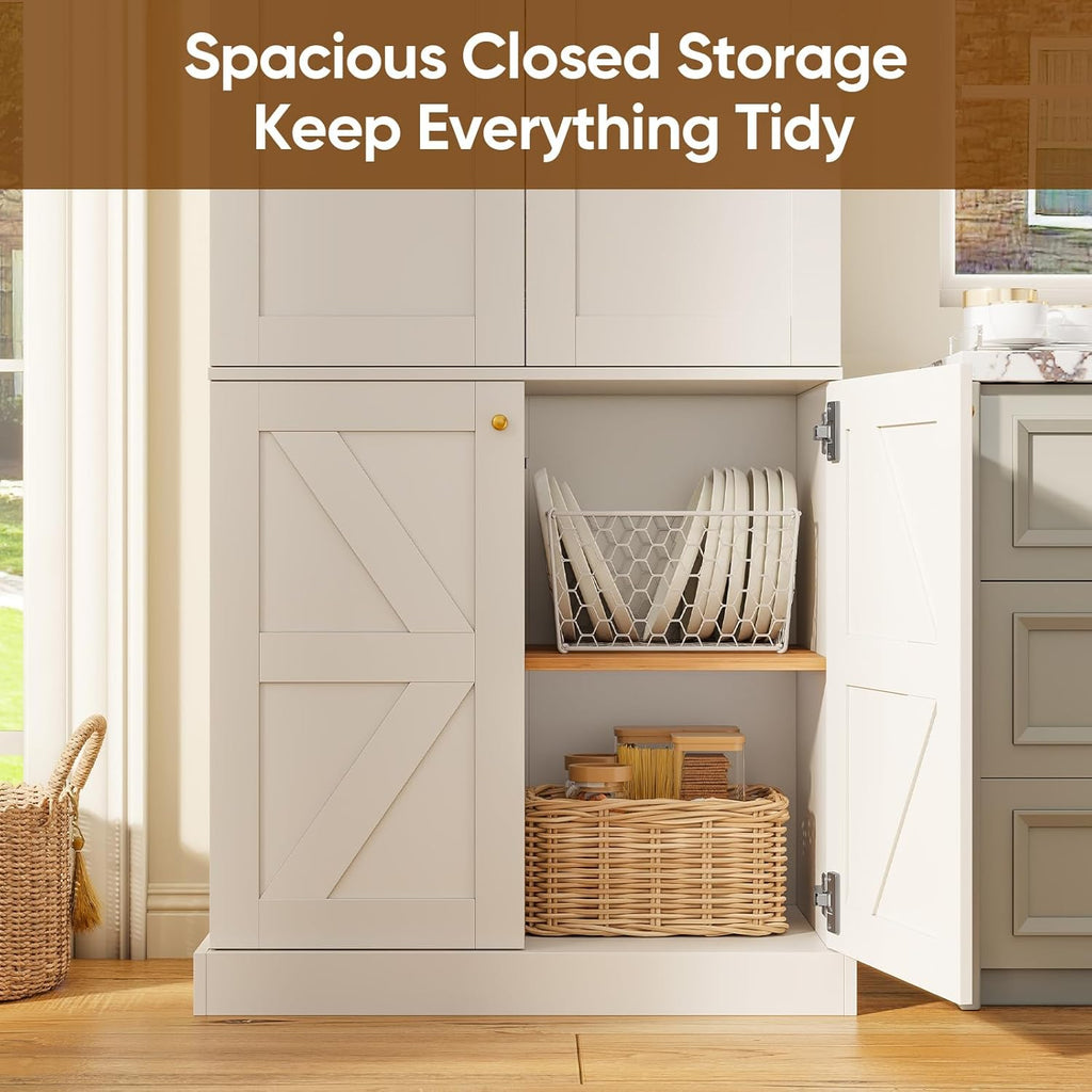 70.8" Tall Farmhouse Kitchen Pantry Cabinet with Glass Doors, Modular Wooden Storage Cabinet with 6-Tier Adjustable Shelves, Hutch for Kitchen or Living Room, Set of 3, White