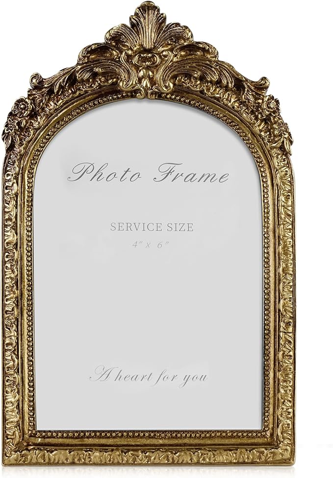Cuspin Vintage 4x6 Picture Frame, Gold Ornate Resin Frames with Plexiglass Front for Tabletop and Wall Mounting, Antique Arched Photo Frame for Home Office Decor
