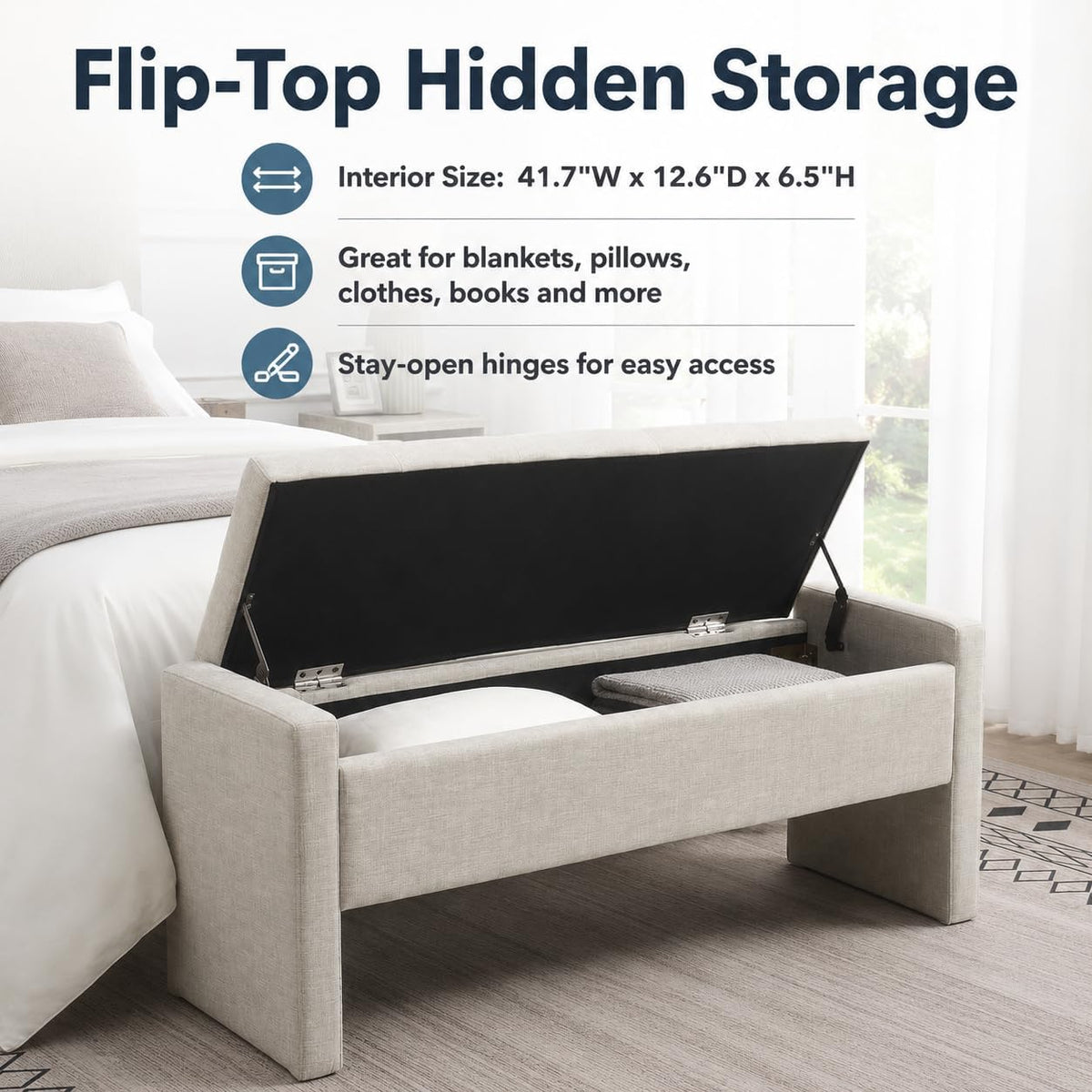 47.25 Inch Storage Ottoman Bench, Linen Upholstered, Light Grey | End of Bed Storage Bench, Entryway Shoe Bench and Footrest for Bedroom, Living Room, Dorm, Window Area and Small Spaces