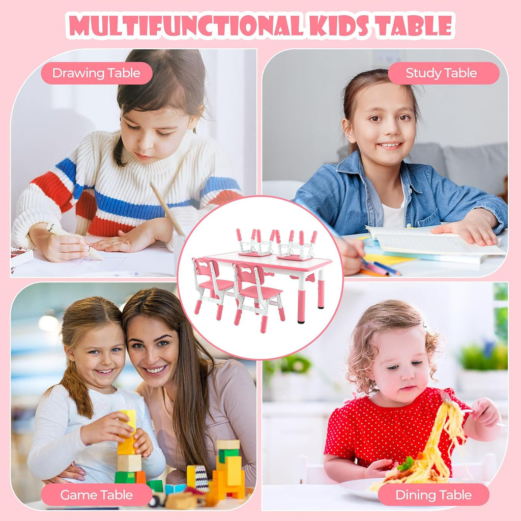 KOTEK Kids Table and Chairs Set of 4, Height Adjustable Children Activity Table & Play Table with Graffiti Desktop, Toddler Table and Chair Set for Daycare, Playroom, Home, Preschool (Pink)