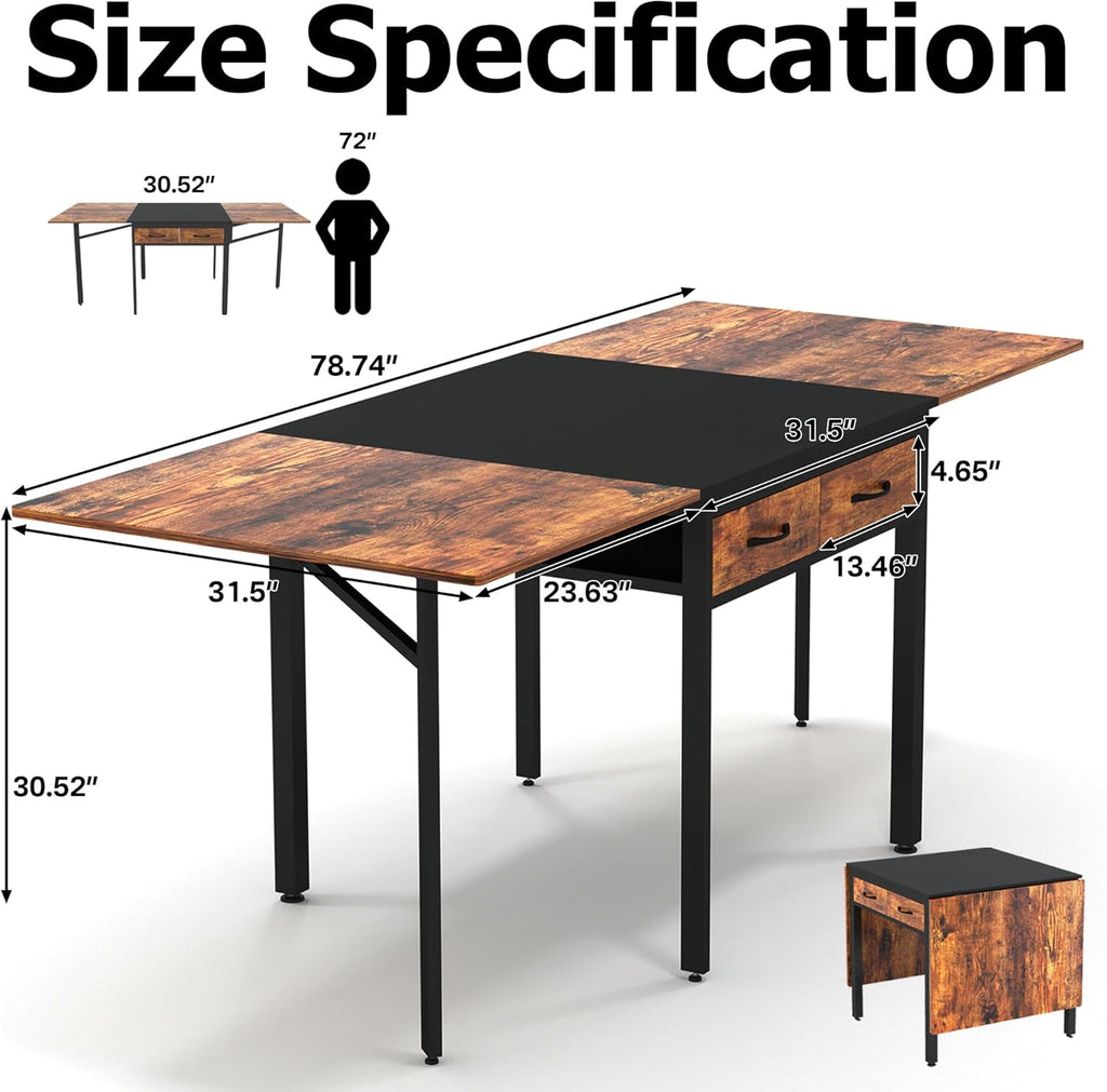 Folding Dining Table,Dining Room Table with Drawers,Industrial Extendable Table for 6-8 People,for Dining Room,Living Room,Restaurant,Saving Space