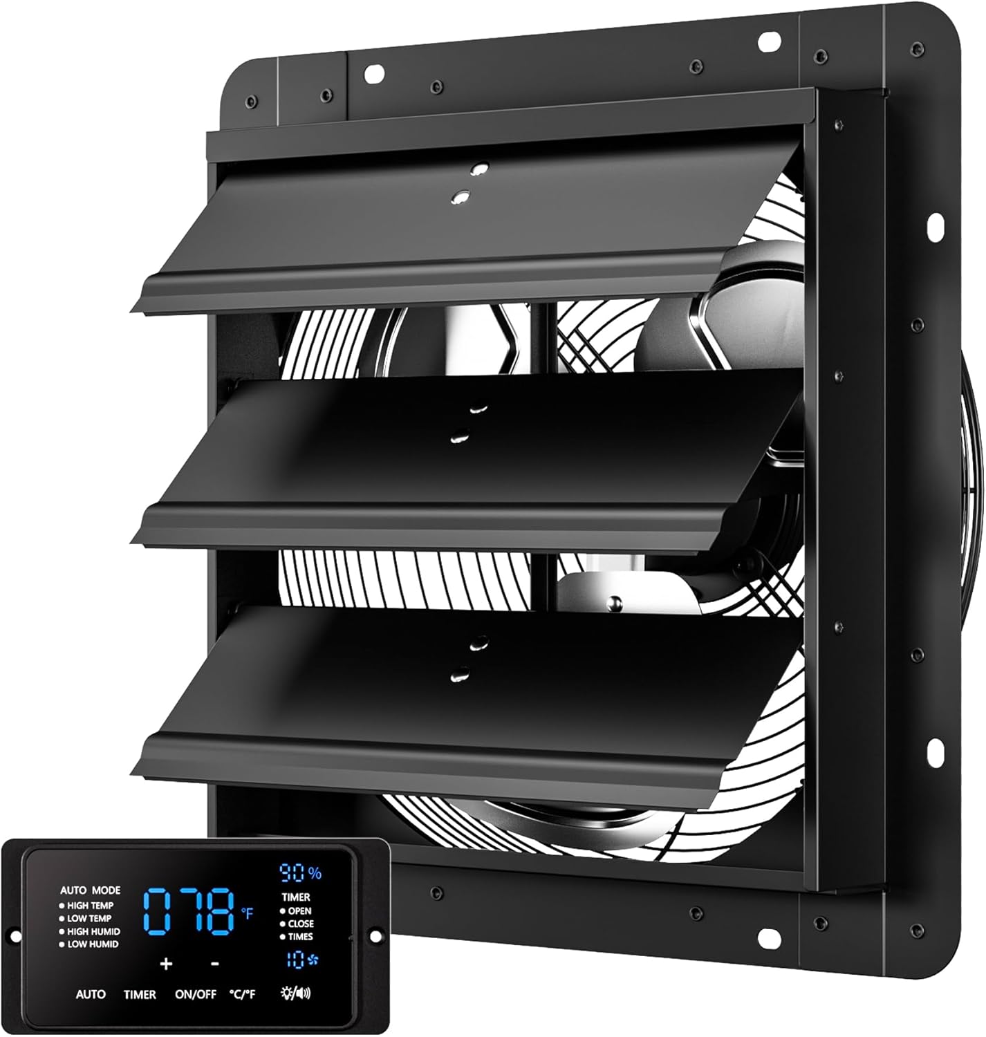 14 Inch EC Motor Shutter Exhaust Fan, 6 Inch Large Touchscreen Controller for Temp Humidity and Speed Control, 10-Speed Wall Mount Fan for Attic, Greenhouse, Garage, Chicken Coop Ventilation