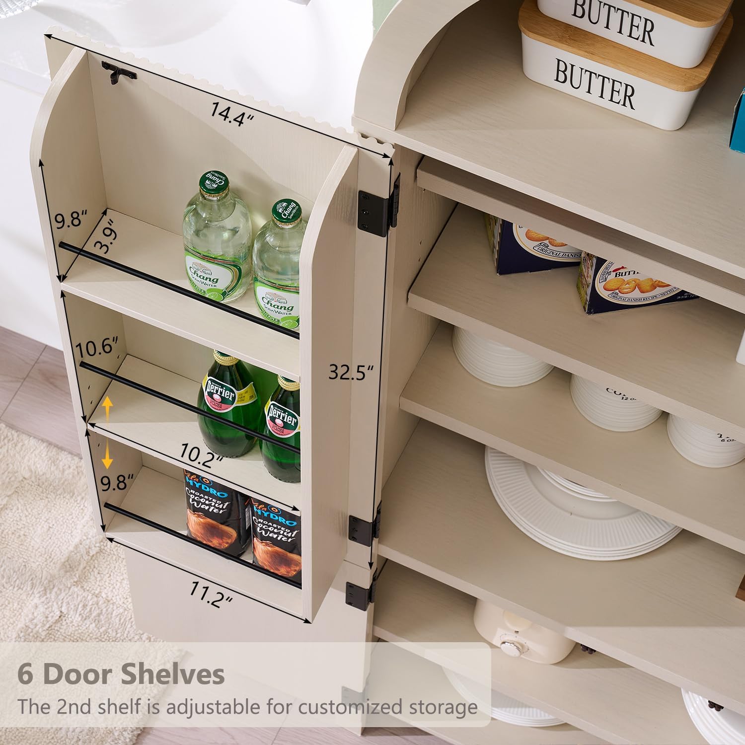IFGET 71" Tall Arched Kitchen Pantry, Modern Fluted Wood Storage Cabinet with Doors, 3 Adjustable Shelves, 6 Door Shelves, Organizer, Versatile Cupboard for Kitchen, Bathroom, Cream