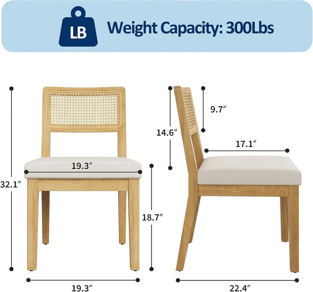 Garvee Rattan Dining Chairs Set of 2, French Country Upholstered Dining Chairs Wood Frame, Rattan Backrest, Armless Chair for Kitchen Restaurant Dining Room Bedroom, Linen, Natural