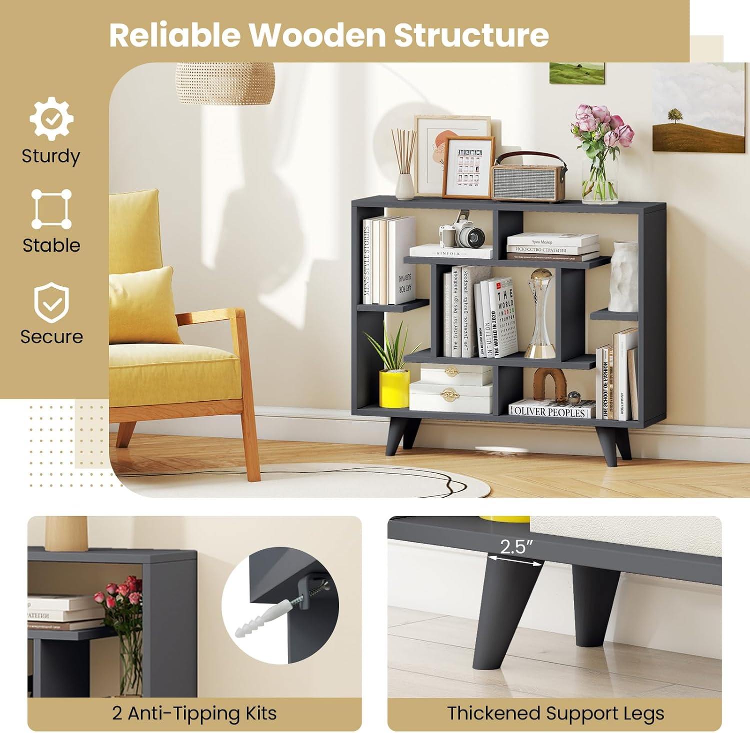 Giantex 3 Tier Geometric Bookshelf, Modern Freestanding Bookcase w/Staggered Shelves, Decorative Open Storage Display Shelves with Legs, Mid Century Storage Organizer for Living Room (Dark Gray)