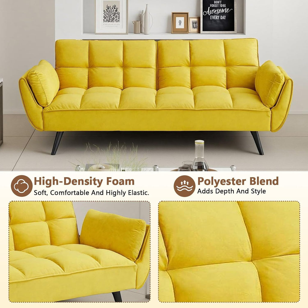 Convertible Folding Sofa Bed Futon,Modern Velvet Sleeper Bed Couches with 4 Adjustable Backrest Armrest,74"Comfy Recliner Sofa Loveseat with Chrome Legs for Living Room Apartment Small Home (Yellow)