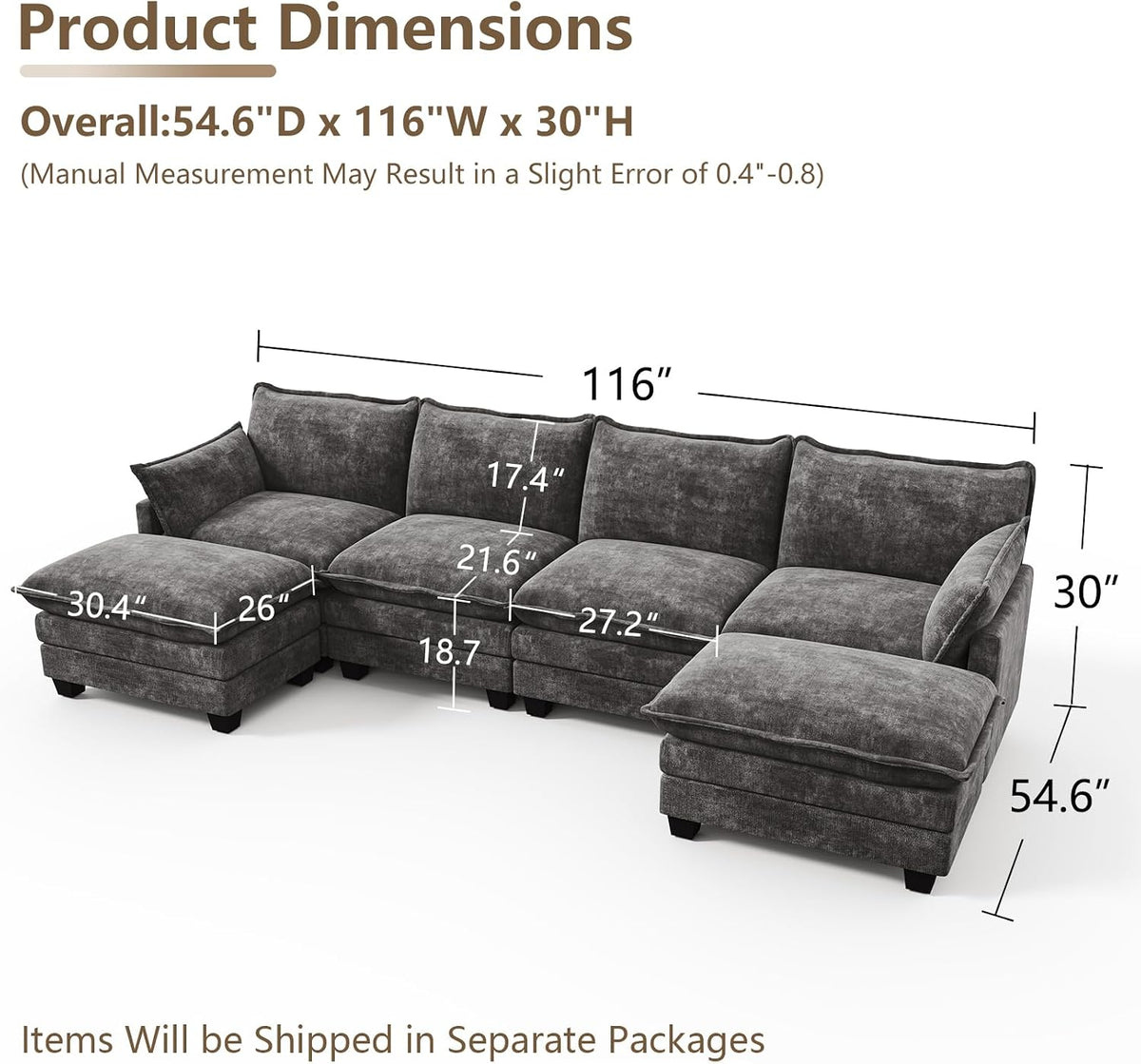 Modular Sectional Couch for Living Room, U Shaped Comfy Sofa | Comfortable Foam Cushions, Sturdy Frame, Appealing Look, Easy Assembly, Soft Chenille Fabric, Movable Ottoman, Dark Gray