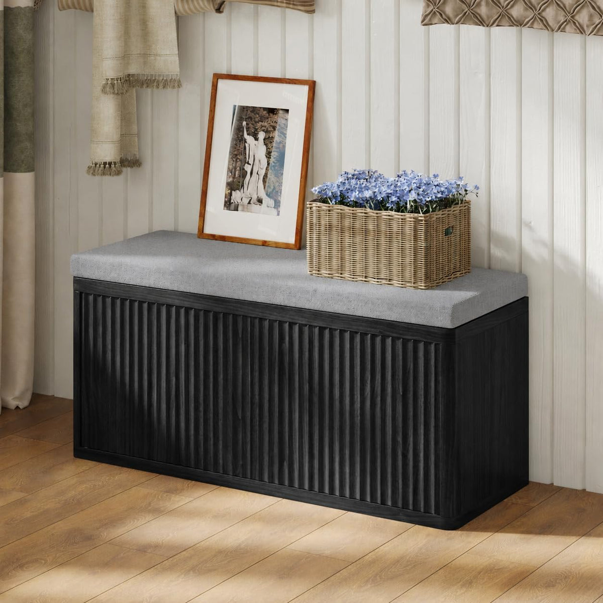 Entryway Shoe Storage Bench with 2" Cushion, 37.4" Small Bench with Shoe Rack, Cabinet Organizer for Hallway, Bedroom End of Bed (Black)