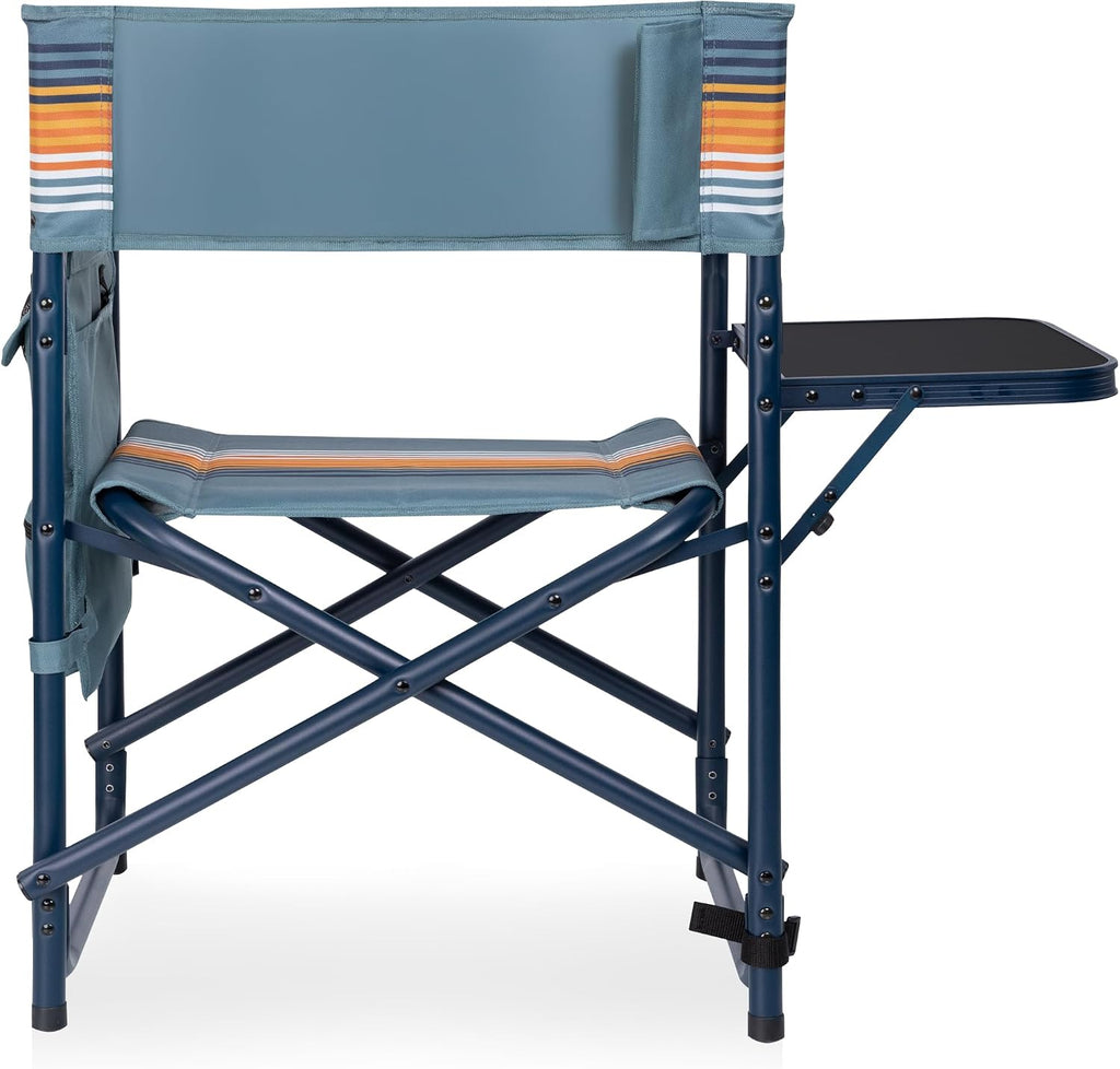 Picnic TIME Sports Chair with Side Table and Armrest Caddy, Lightweight Aluminum Folding Outdoor Camping Chair for Adults, Portable Director Style Lawn Seating, (Marine Stripe with Navy Blue Frame)