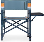 Picnic TIME Sports Chair with Side Table and Armrest Caddy, Lightweight Aluminum Folding Outdoor Camping Chair for Adults, Portable Director Style Lawn Seating, (Marine Stripe with Navy Blue Frame)
