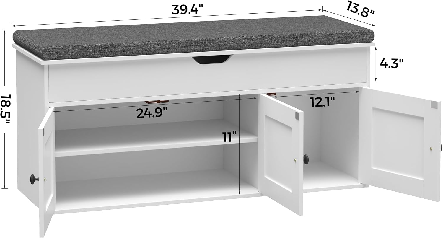 Homleke Shoe Storage Bench with Lift Top & 3 Barn Doors | Entryway Bench with Removable Cushion, Adjustable Shelf & Hidden Storage, for Hallway, Living Room & Bedroom, White