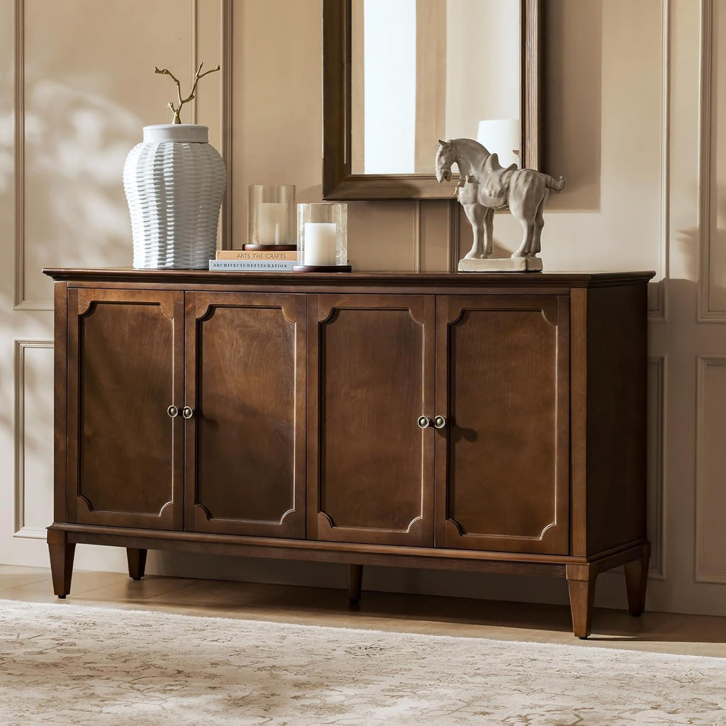 HULALA HOME Mid-Century Modern Sideboard Cabinet, 4-Door Storage Buffet, 58" W x 15.75" D x 32.2" H, Adjustable Shelves, Solid Rubberwood Legs(Walnut)