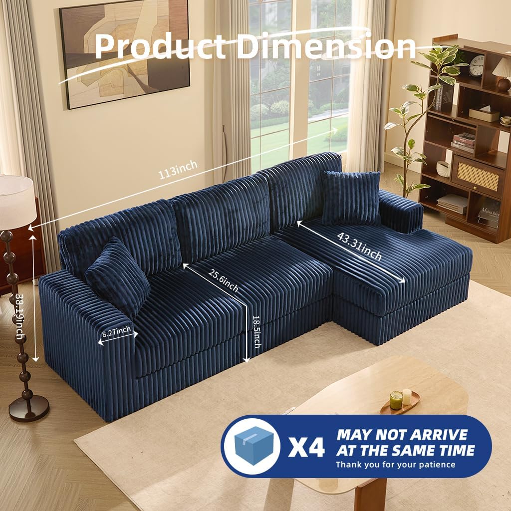 GOSUHI 113" L-Shaped Cloud Couch, Modular Sectional, Deep Seats, Navy | Pocket Spring Cushions, Oversized 3-Seater, Right Facing Chaise, Corduroy Upholstery Couches for Living Room