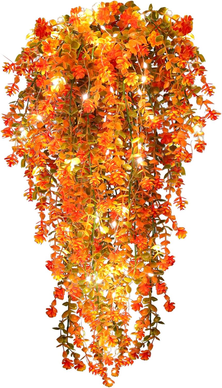 Fall Artificial Flowers - Faux Hanging Plants with Lights for Thanksgiving Indoor/Outdoor Wedding & Garden Party (Salmon)