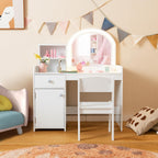 GLACER Kids Vanity, 2-in-1 Wooden Makeup Desk with LED Lighted Mirror, Drawer & Cabinet, Storage Shelves, Princess Dressing Table, Kids Vanity Table and Chair Set for Little Girls Ages 3+ (White)