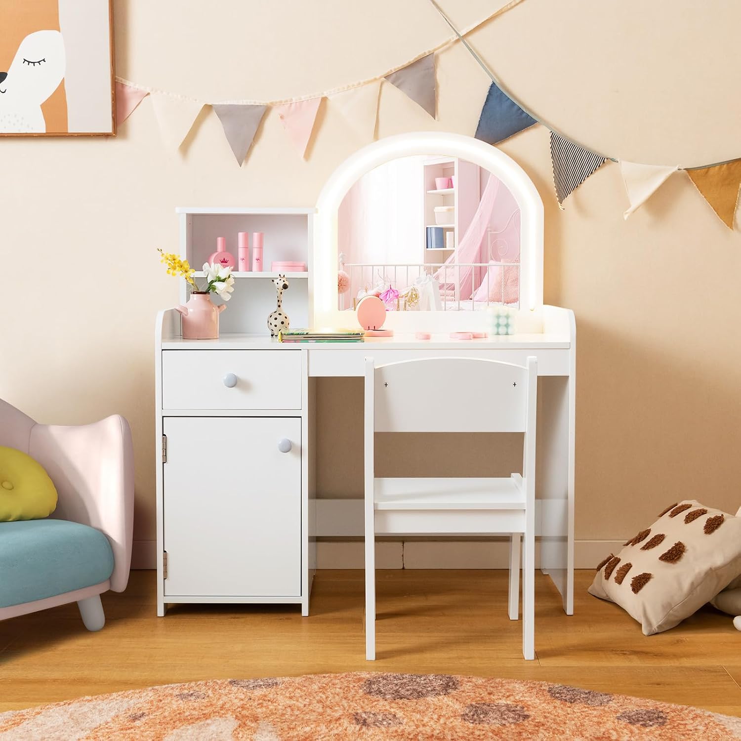 GLACER Kids Vanity, 2-in-1 Wooden Makeup Desk with LED Lighted Mirror, Drawer & Cabinet, Storage Shelves, Princess Dressing Table, Kids Vanity Table and Chair Set for Little Girls Ages 3+ (White)