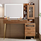 Arulvmrn Vanity Desk with 29.53" HD Lighted Mirror, 47.24" Big Modern Vanity Desk with Mirror and Lights, Makeup Vanity with 5 Drawers and Storage Shelves and Charging Station,Brown