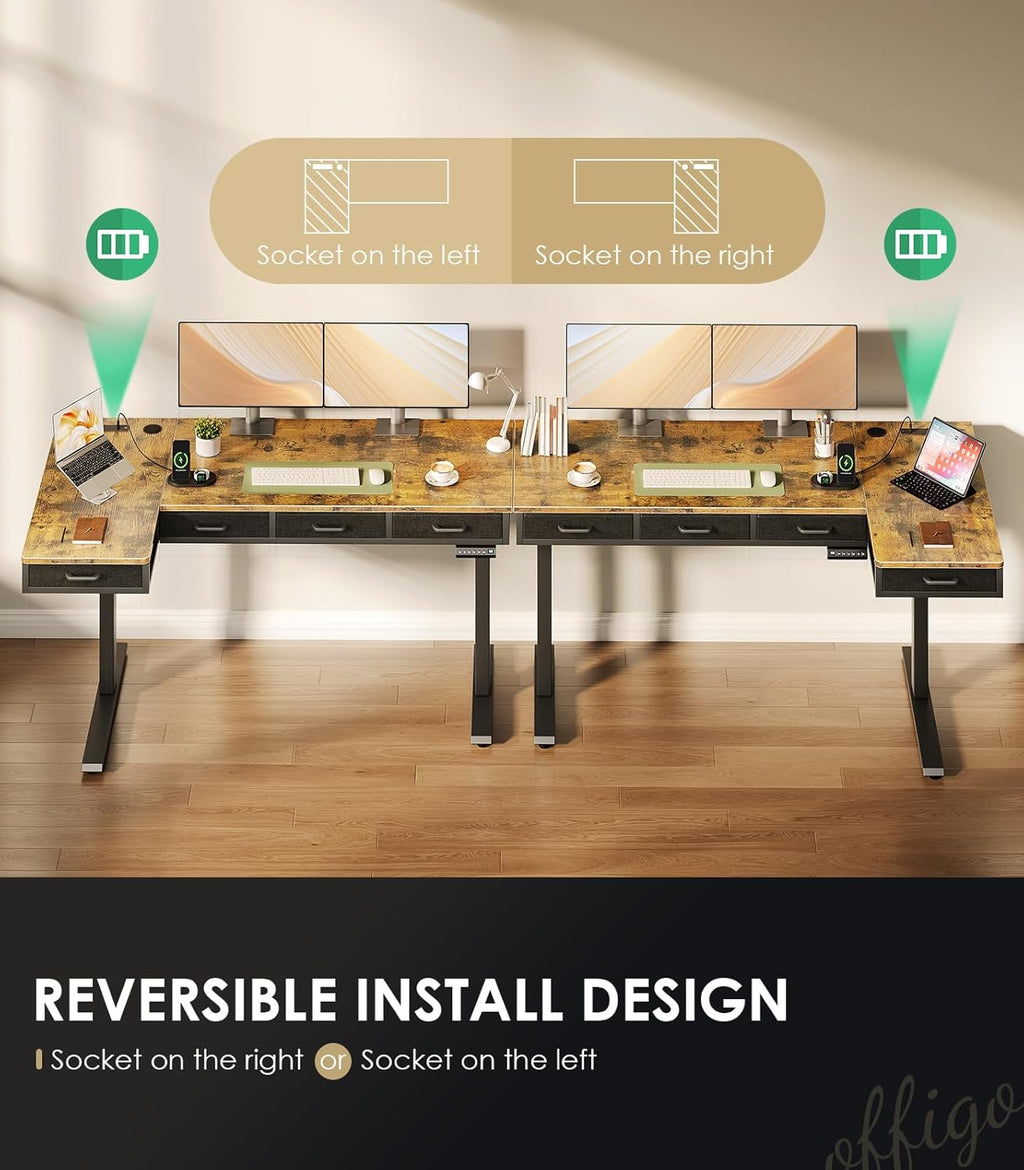 OffiGo 63 Inch L Shaped Electric Standing Desk with 4 Drawers, Rustic Brown | Reversible Corner Table, Office Desk With 4 Drawers and Outlets For Home Office, Computer Workstation And Sit Stand Use