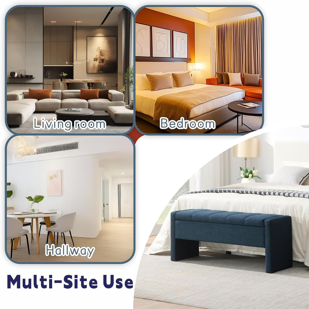 47.25'' Ottoman with Storage, End of Bed Storage Bench, Entryway Bench - Linen Upholstered Multi-Functional Footrest for Bedroom, Living Room, Dorm & Window Bench (A-Blue)