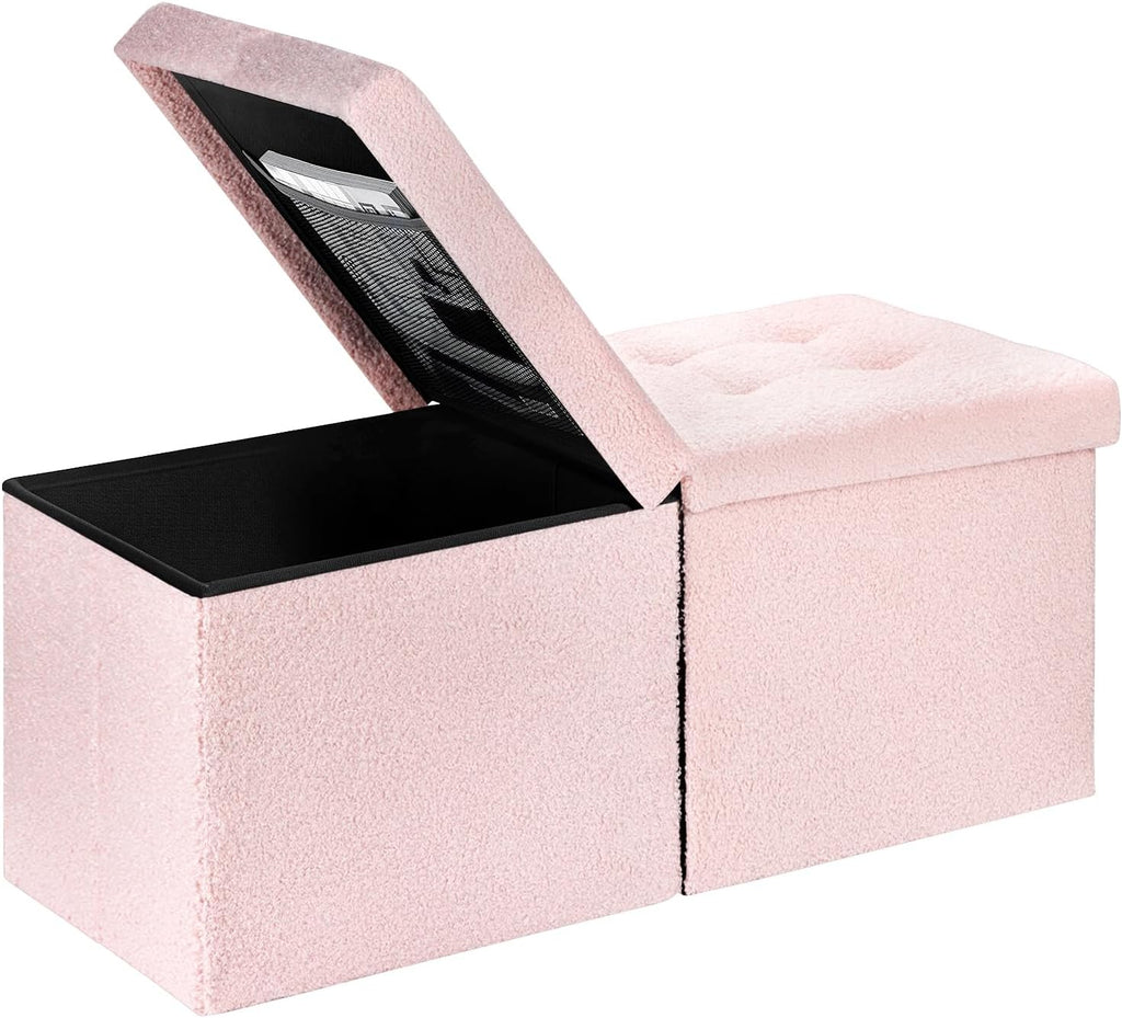 Storage Ottoman Bench, 34" Teddy Velvet Folding Foot Rest, Pink | Large Ottoman with Storage, Thicker Foam Padded Seat, 34 x 13 x 13in, Livingroom, Dorm, Bedroom, Easy to install, 86L
