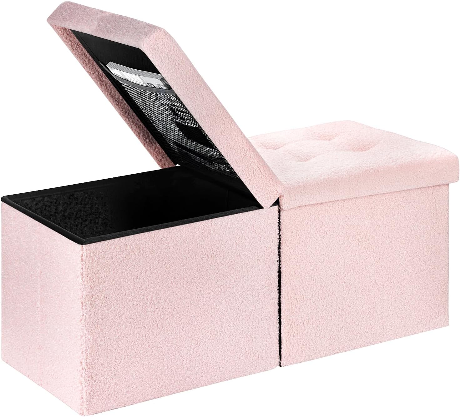 Storage Ottoman Bench, 34" Teddy Velvet Folding Foot Rest, Pink | Large Ottoman with Storage, Thicker Foam Padded Seat, 34 x 13 x 13in, Livingroom, Dorm, Bedroom, Easy to install, 86L