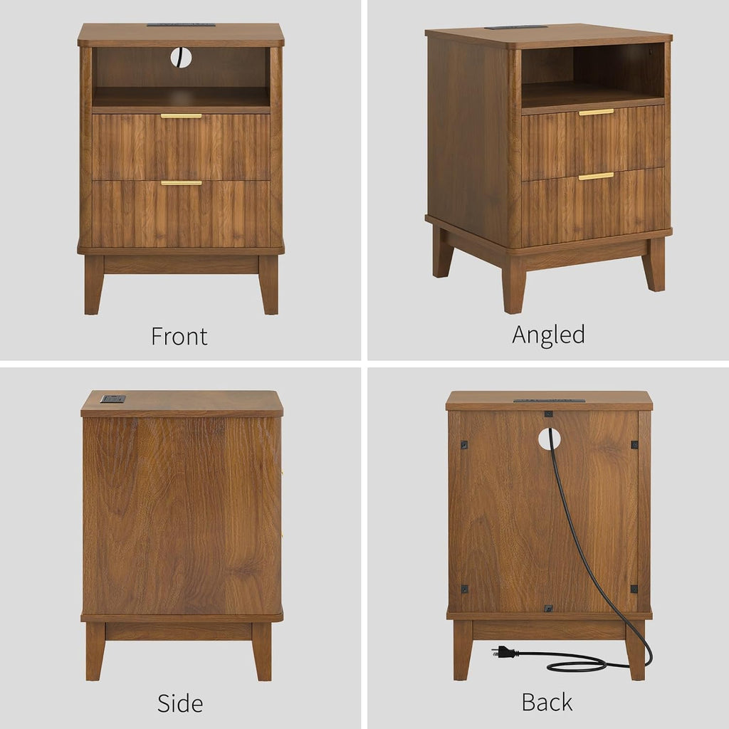 Night Stand Set of 2 with Charger Station, Fluted Nightstand with Drawers and Storage Shelf, Mid Century Modern Bedside Table Nightstands, Large Bed Side Table Wood Night Stands for Bedroom