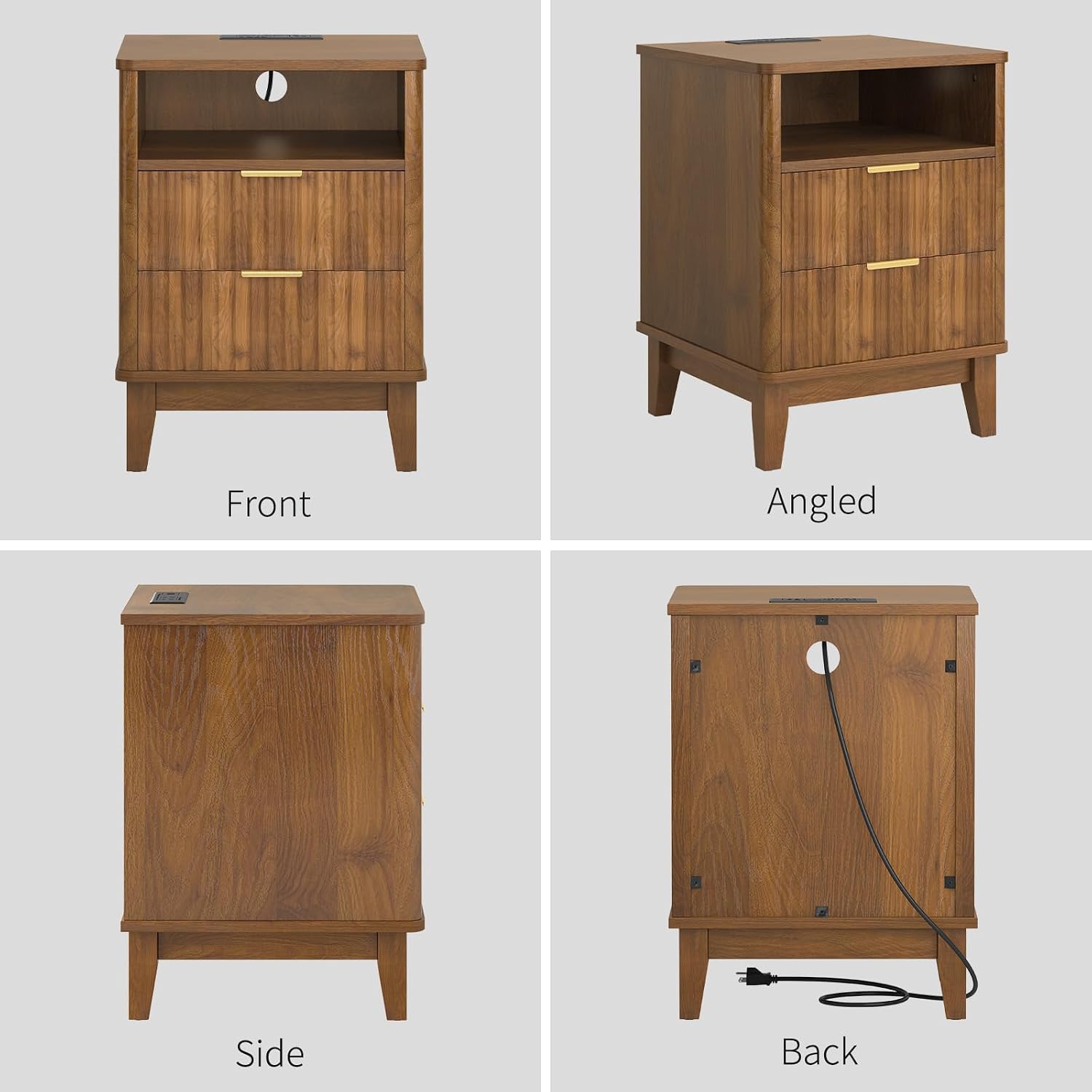 Night Stand Set of 2 with Charger Station, Fluted Nightstand with Drawers and Storage Shelf, Mid Century Modern Bedside Table Nightstands, Large Bed Side Table Wood Night Stands for Bedroom