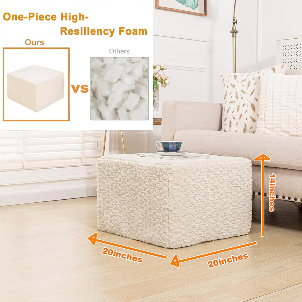 Square Stuffed Pouf Ottoman Poufs with One-Piece Seamless Foam Filling, Furry and Fluffy Pouf Foot Stool, 20 X 14 Floor Poufs Ottoman Foot Rest for Living Room (Cream)