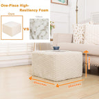 Square Stuffed Pouf Ottoman Poufs with One-Piece Seamless Foam Filling, Furry and Fluffy Pouf Foot Stool, 20 X 14 Floor Poufs Ottoman Foot Rest for Living Room (Cream)