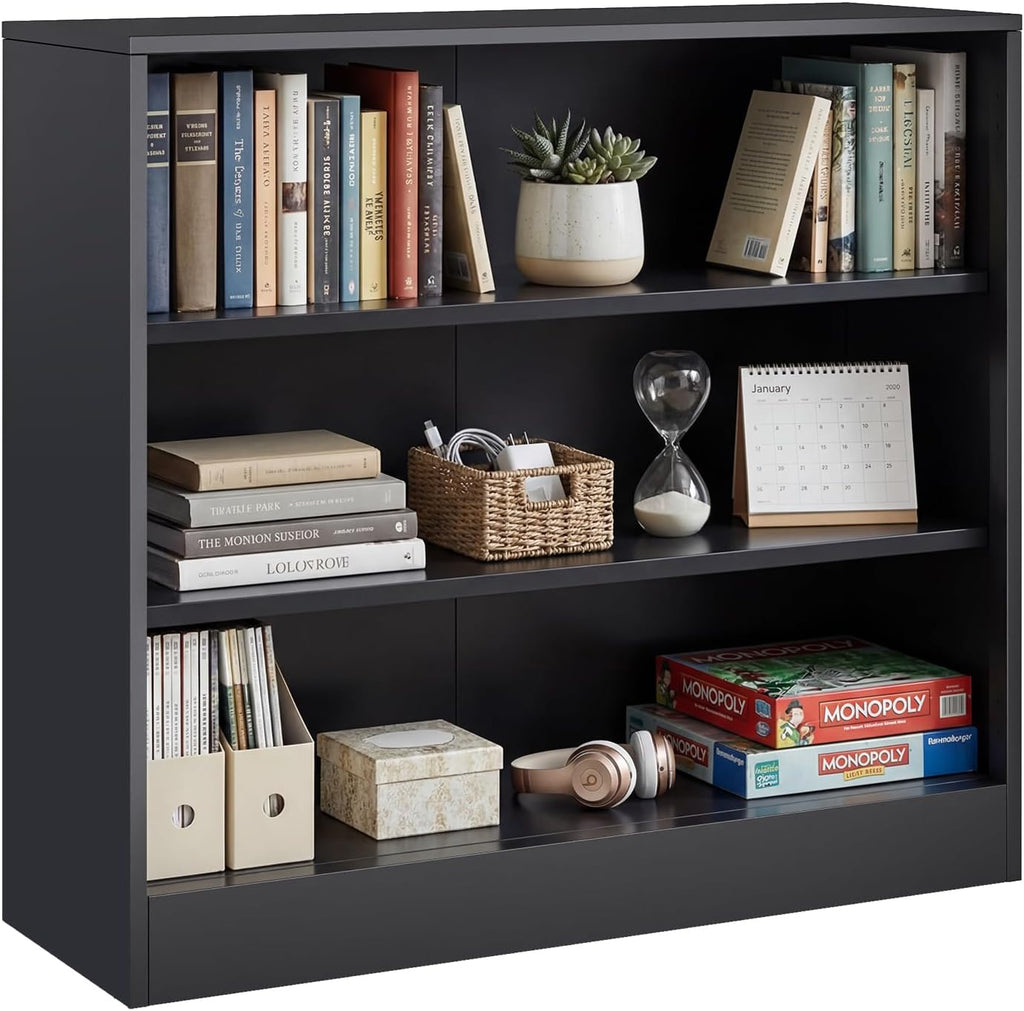 Metal Black Bookshelf, Short Bookshelf with Adjustable Shelves, 3 Tier | Open Bookcase, Small Storage Cabinet, Office Shelves, Cabinet Display Case for Home Office, Living Room, Library, Classroom