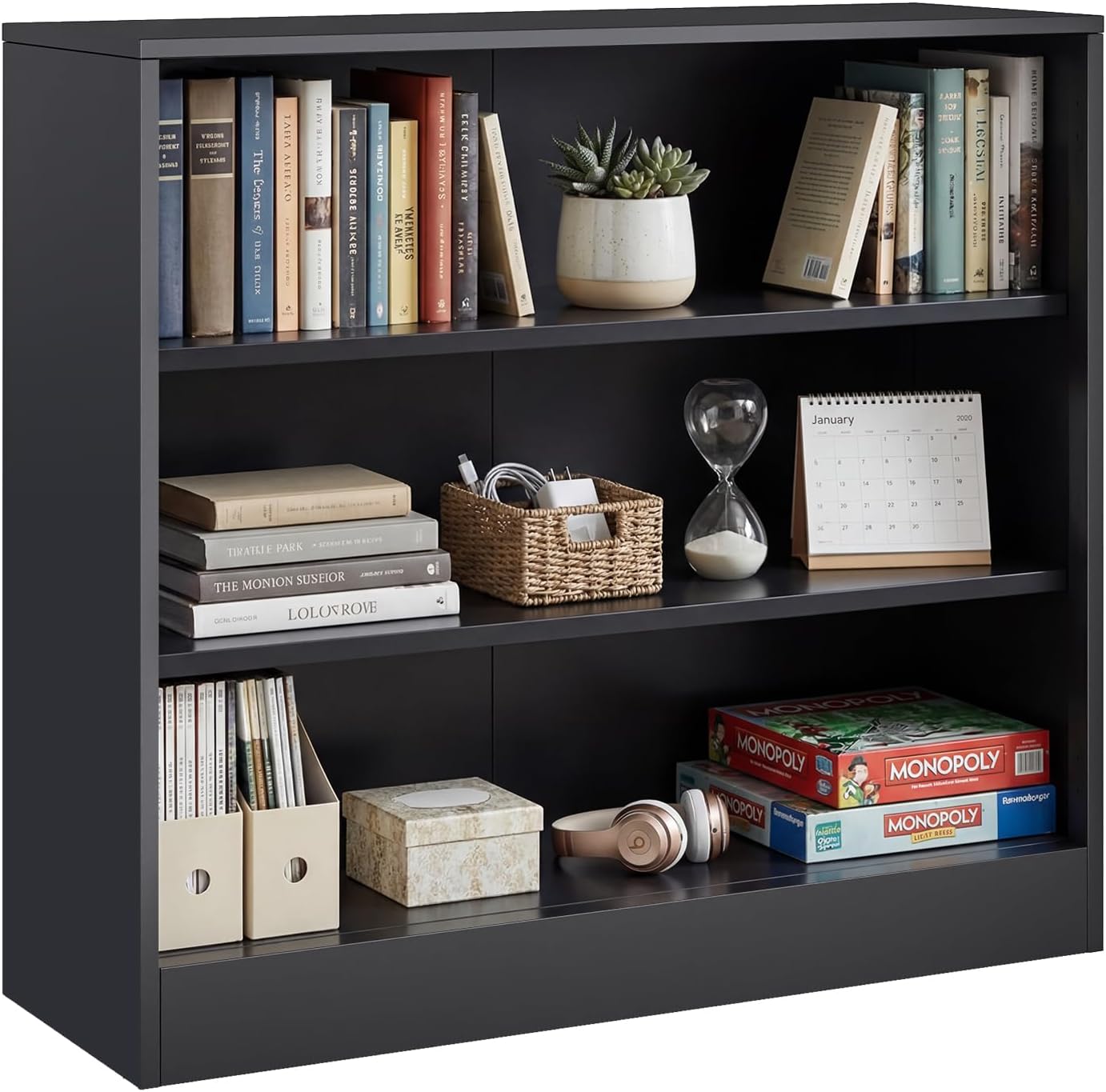 Metal Black Bookshelf, Short Bookshelf with Adjustable Shelves, 3 Tier | Open Bookcase, Small Storage Cabinet, Office Shelves, Cabinet Display Case for Home Office, Living Room, Library, Classroom