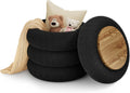 Soft Teddy Round Ottoman with Tray, 17.5 Inches Ottoman Coffee Table with Storage for Living Room, Vanity Stool with Storage Bedroom, Load up to 300 lb, No Assembly Required (Black)