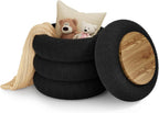 Soft Teddy Round Ottoman with Tray, 17.5 Inches Ottoman Coffee Table with Storage for Living Room, Vanity Stool with Storage Bedroom, Load up to 300 lb, No Assembly Required (Black)