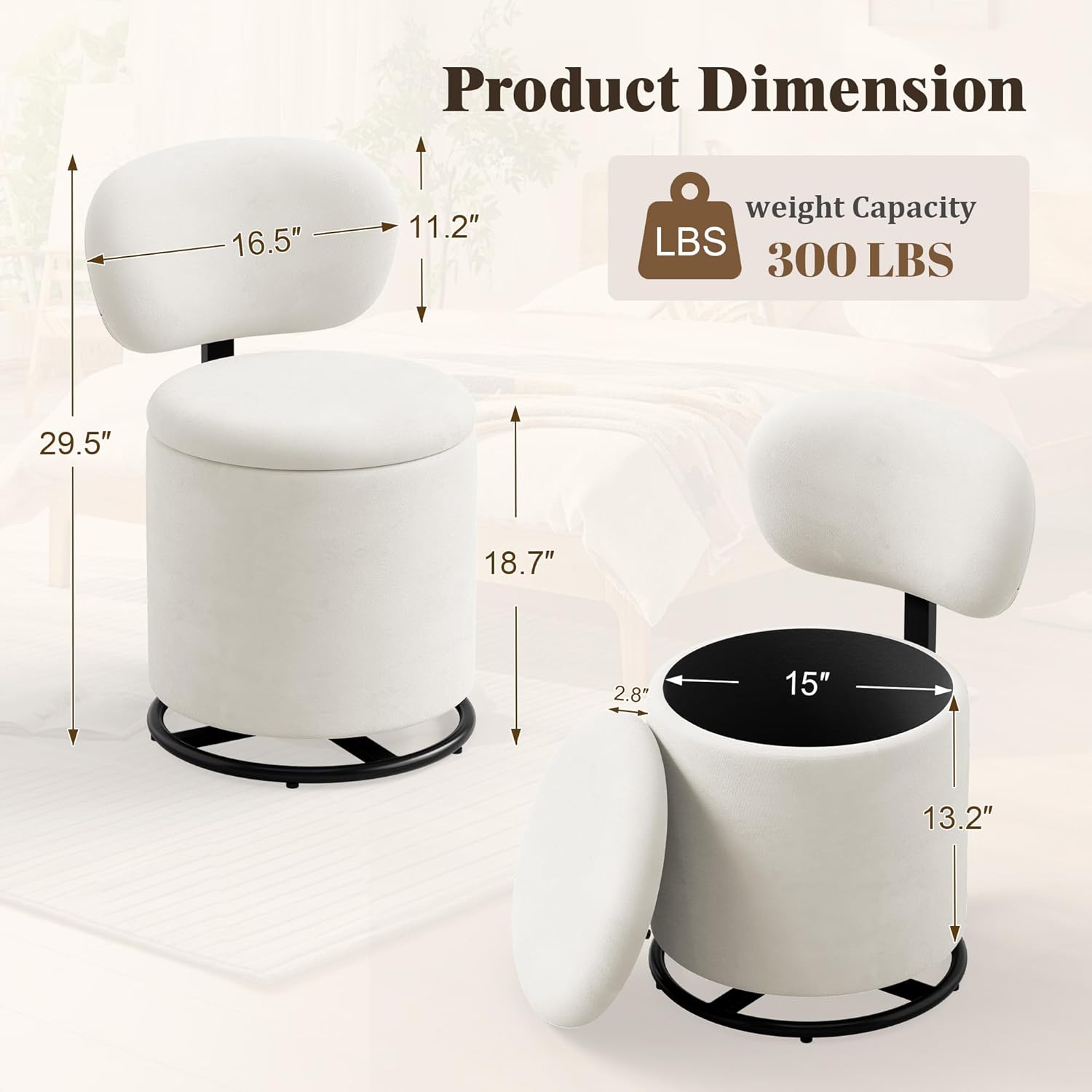 LIVELYGLOW Velvet Vanity Chair with Independent Backrest, 360° Swivel Makeup Stool with Storage, Modern Chair for Bedroom & Living Room, Easy to Assemble, White