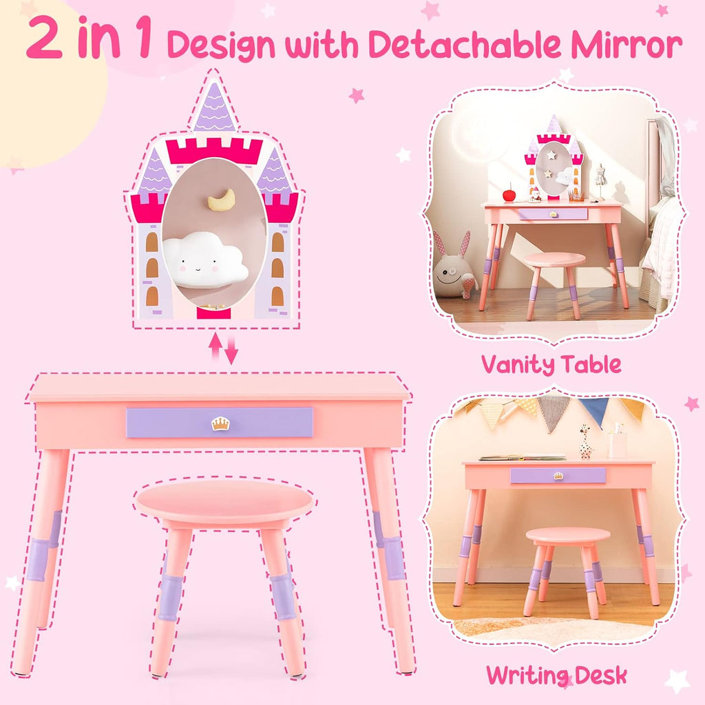 Costzon Kids Vanity Set, Girls Vanity Set with Mirror and Stool, Princess Makeup Dressing Table with Drawer, Growth Chart, Floating Shelves, Kids Vanity Table and Chair Set, Pink