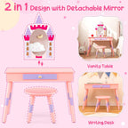 Costzon Kids Vanity Set, Girls Vanity Set with Mirror and Stool, Princess Makeup Dressing Table with Drawer, Growth Chart, Floating Shelves, Kids Vanity Table and Chair Set, Pink